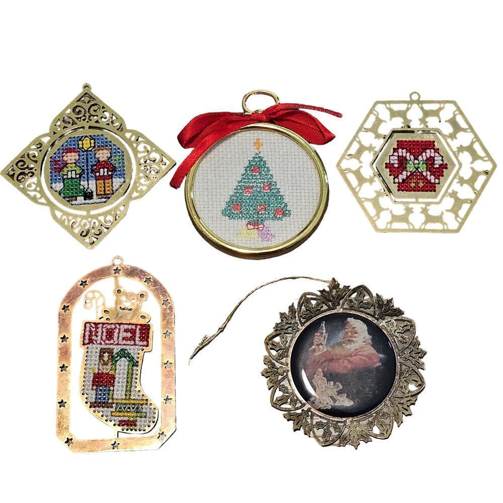 Vintage Cross Stitch Gold Accent Christmas Ornament Set 80s Candy Cane Tree Coke